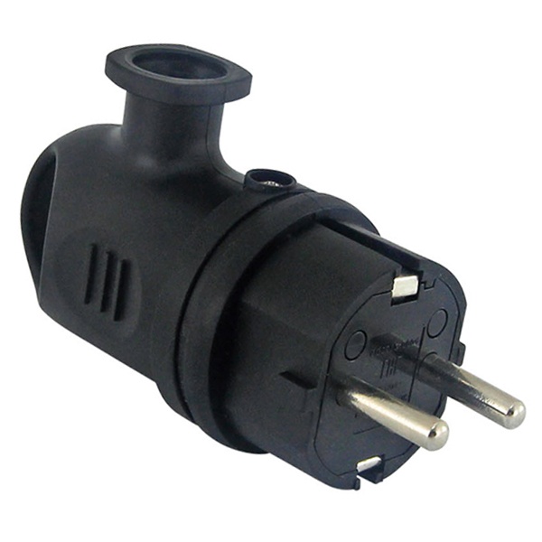 Вилка с заземлением TDM 2Р+Е 16А угловая с ушком каучук IP44 черная