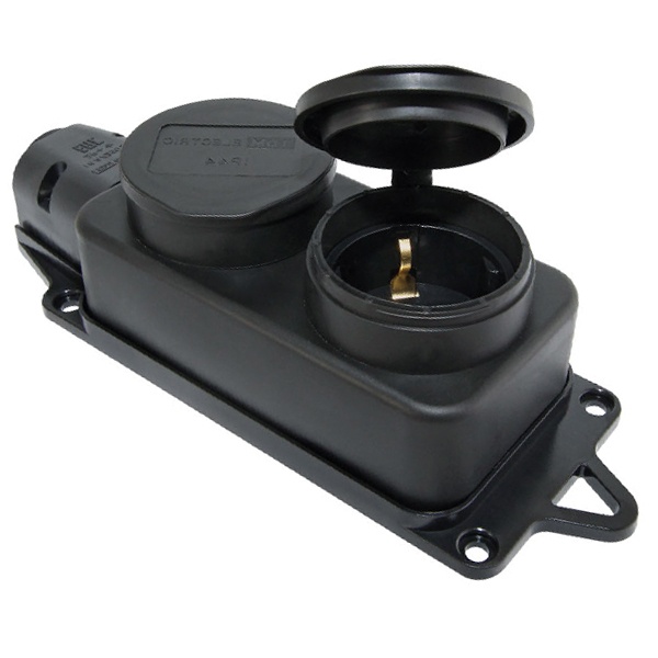 Розетка двухместная с заземлением TDM 2x2Р+Е 16А с заглушками каучук IP44 черная