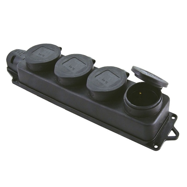 Розетка четырехместная с заземлением TDM 4x2Р+Е 16А с заглушками каучук IP44 черная