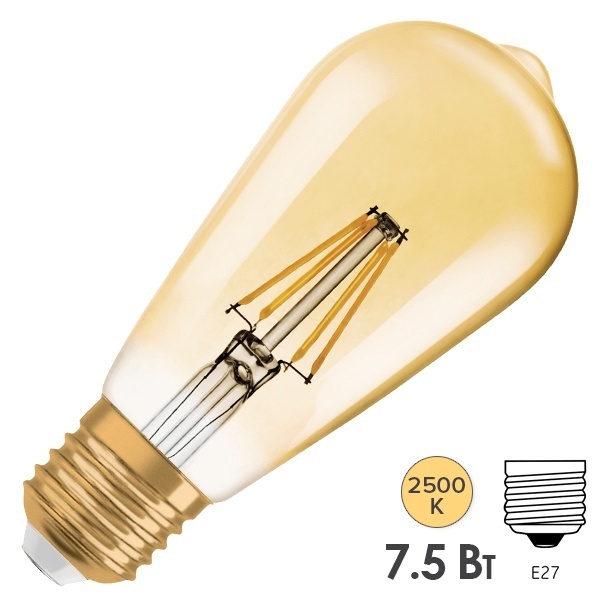 Лампа филаментная светодиодная капля Osram Vintage Clas 1906 55 7,5W/825 E27 725Lm DIM золотой
