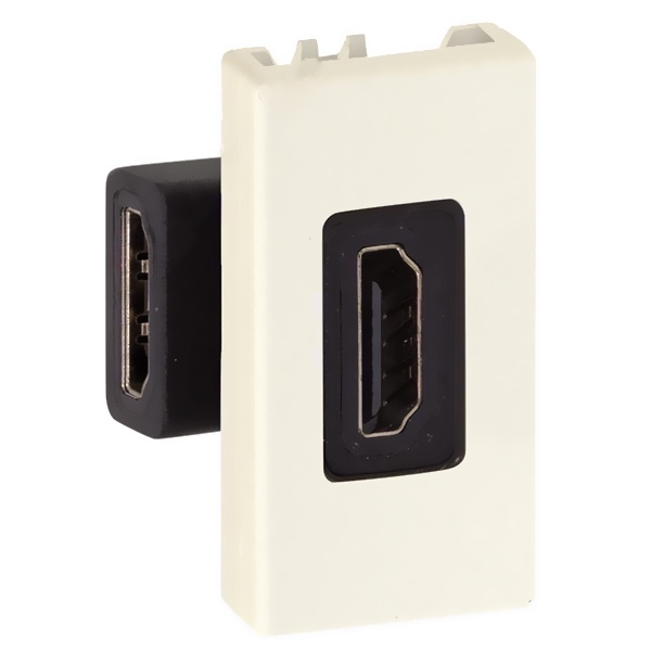 Розетка проходная угловая Simon 27 для подключения HDMI-разъёма v1.3 узкий модуль, слоновая кость (бежевый)