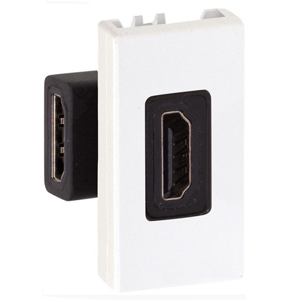 Розетка проходная угловая Simon 27 для подключения HDMI-разъёма v1.3 узкий модуль, белый