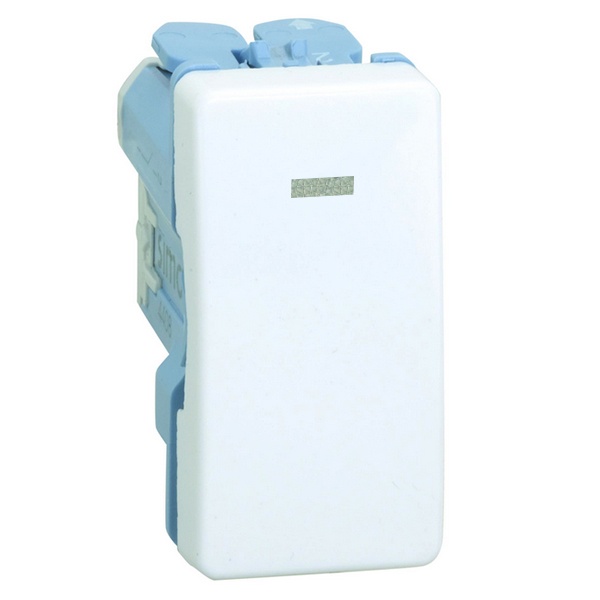 Выключатель одноклавишный проходной с подсветкой Simon 27 10А 250В узкий модуль, белый