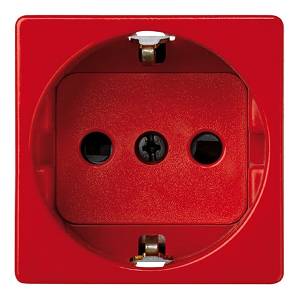 Розетка Simon 27 2Р+Е с защитными шторками безвинтовой зажим 16А 250В широкий модуль красный