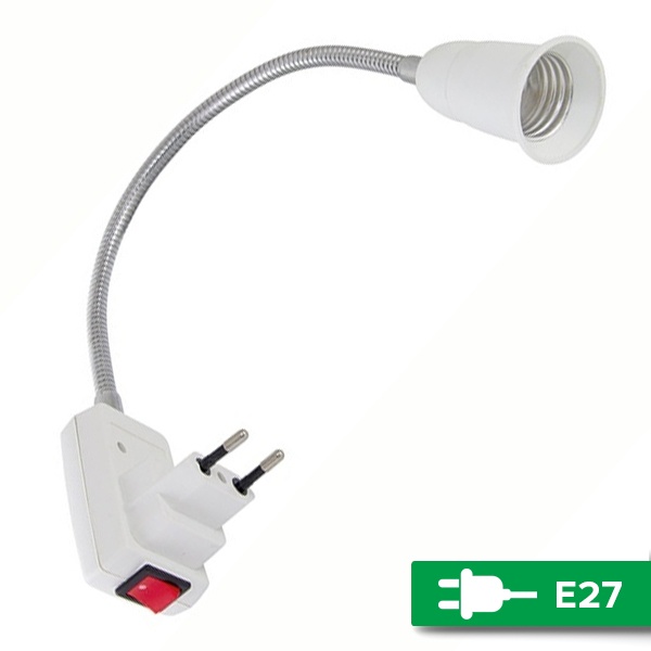 Патрон-переходник TDM с вилки на Е27 гибкий удлинитель 300мм для лампы с выключателем, белый