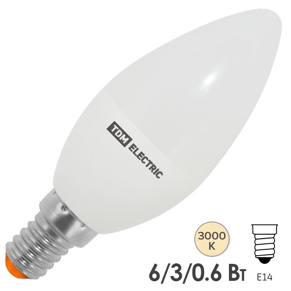 Лампа светодиодная диммируемая свеча TDM С37 6W 3000K 230V E14 (3 режима яркости) тепло-белый свет