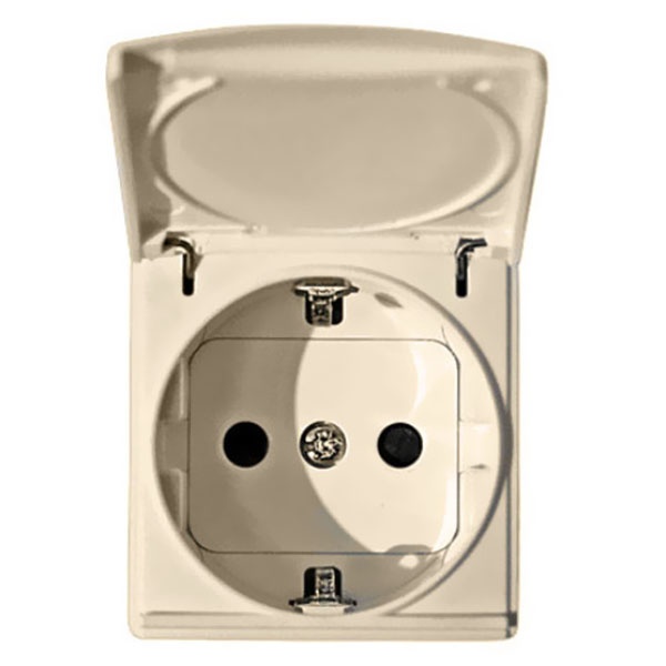 Розетка Simon 27 2P+E с откидной крышкой IP40 с защитными шторками широкий модуль, слоновая кость (бежевый)