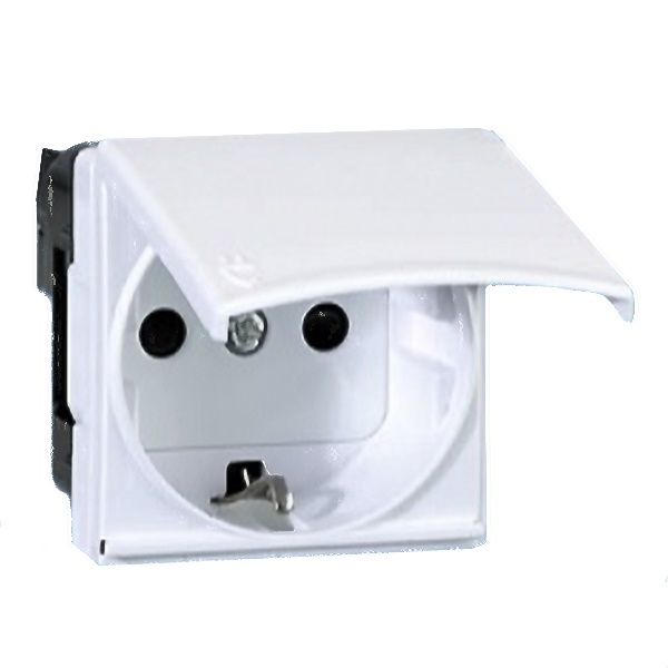 Розетка Simon 27 2P+E с откидной крышкой IP40 с защитными шторками широкий модуль, белый