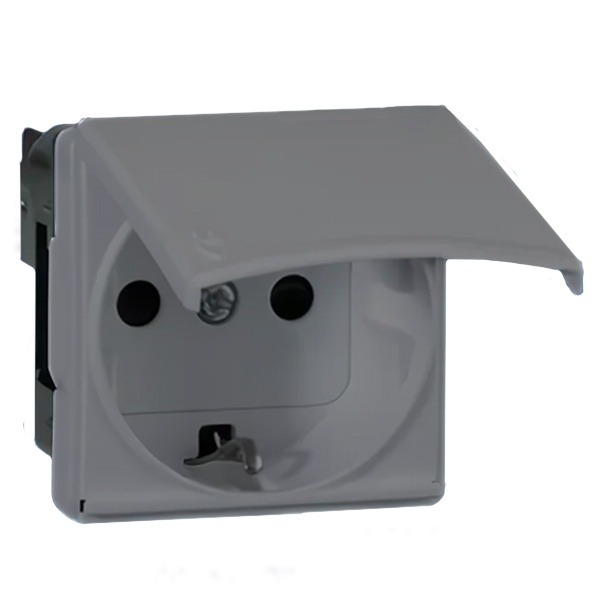 Розетка Simon 27 2P+E с откидной крышкой IP40 с защитными шторками широкий модуль, серый