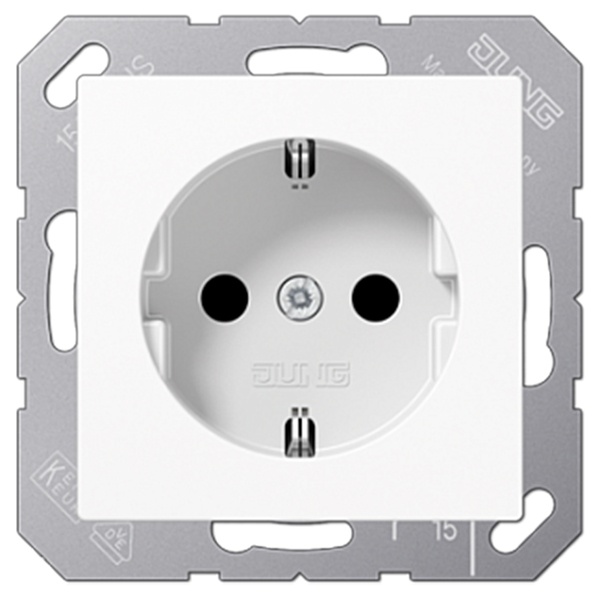 Розетка с заземлением Jung A с защитными шторками с винтовыми зажимами+AS Белый