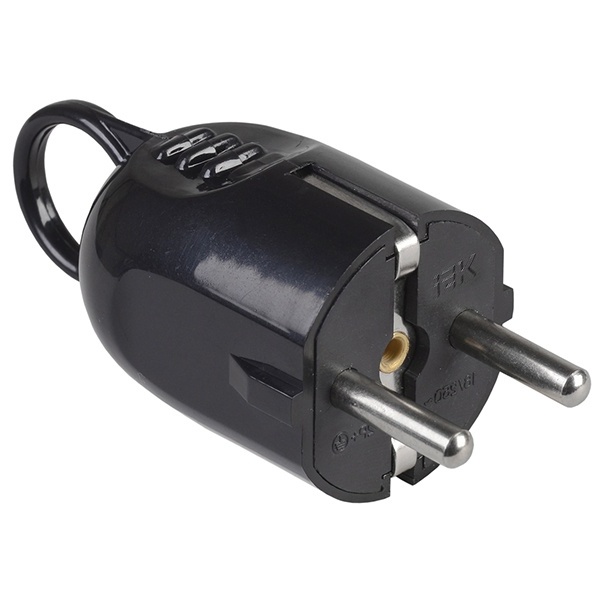 Вилка с заземлением ИЭК ВПу12-02-Ст 2P+E 16А угловая с кольцом черная