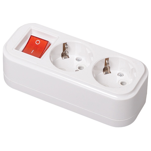 Колодка электрическая ИЭК Classic К02В на 2 розетки 16А с заземлением и выключателем белая