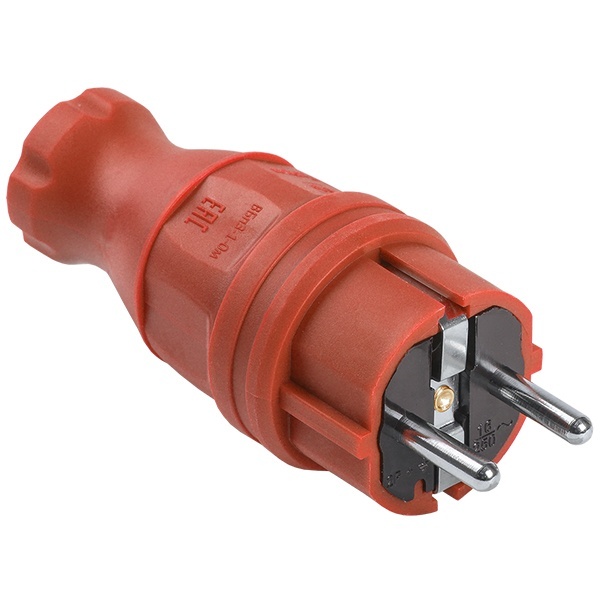 Вилка с заземлением ИЭК Омега ВБп3-1-0м 2Р+Е 16А прямая каучук IP44 красная