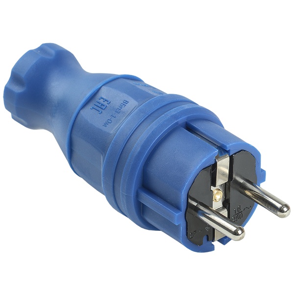 Вилка с заземлением ИЭК Омега ВБп3-1-0м 2Р+Е 16А прямая каучук IP44 синяя