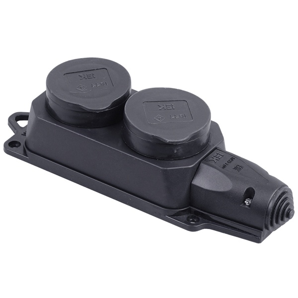 Розетка каучуковая двойная с крышками ИЭК Омега РБ32-1-0м 2х2P+E 16А каучук IP44 черная