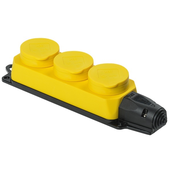 Розетка каучуковая тройная с крышками ИЭК Омега РБ33-1-0м 3х2P+E 16А каучук IP44 желтая