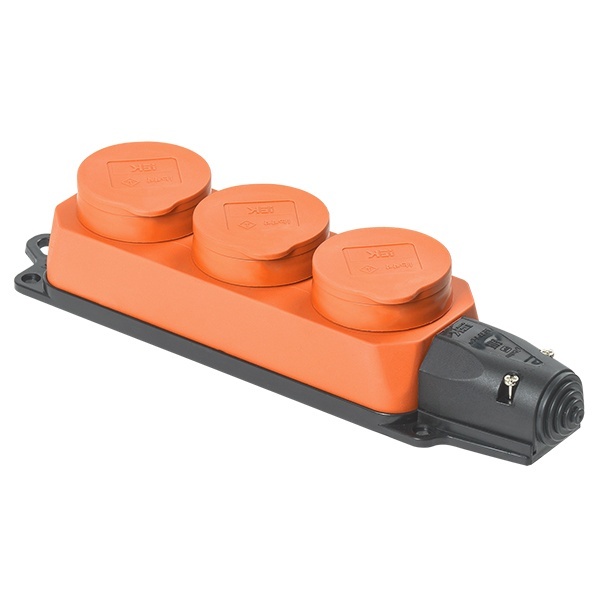 Розетка каучуковая тройная с крышками ИЭК Омега РБ33-1-0м 3х2P+E 16А каучук IP44 оранжевая