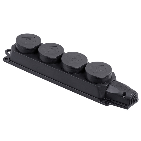 Розетка каучуковая четверная с крышками ИЭК Омега РБ34-1-0м 4х2P+E 16А каучук IP44 черная