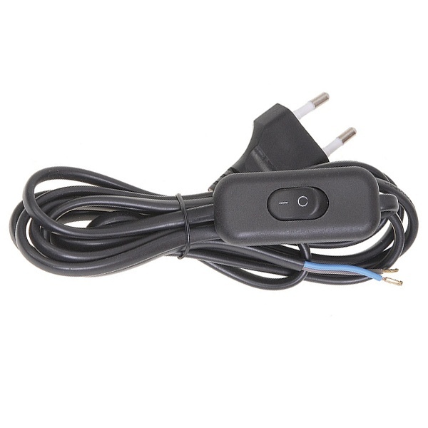 Шнур ИЭК УШ-1КВ опрессованный с вилкой со встроенным выключателем 2х0,75/2метра, черный