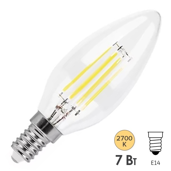 Лампа филаментная светодиодная свеча Feron LB-166 7W 2700K 230V E14 740lm DIM filament теплый свет