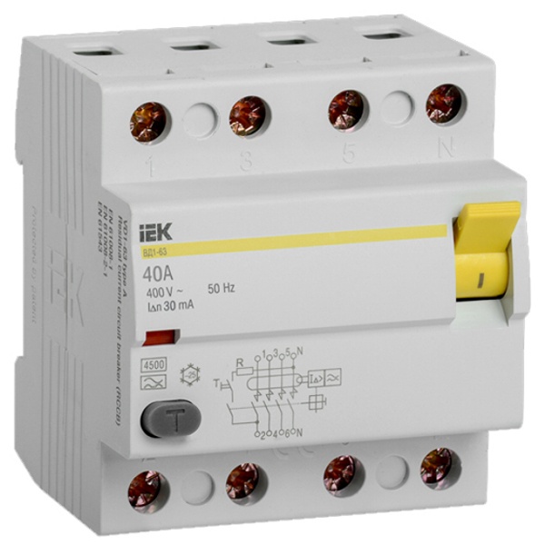УЗО ИЭК ВД1-63 4Р 40А 30мА тип А (ВДТ)