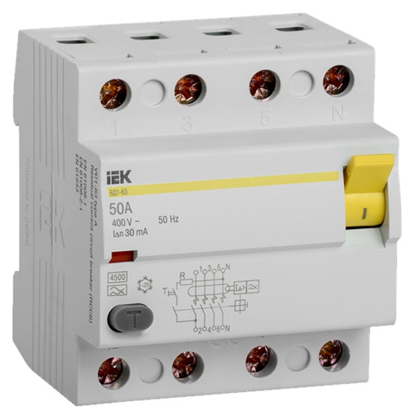 УЗО ИЭК ВД1-63 4Р 50А 30мА тип А (ВДТ)
