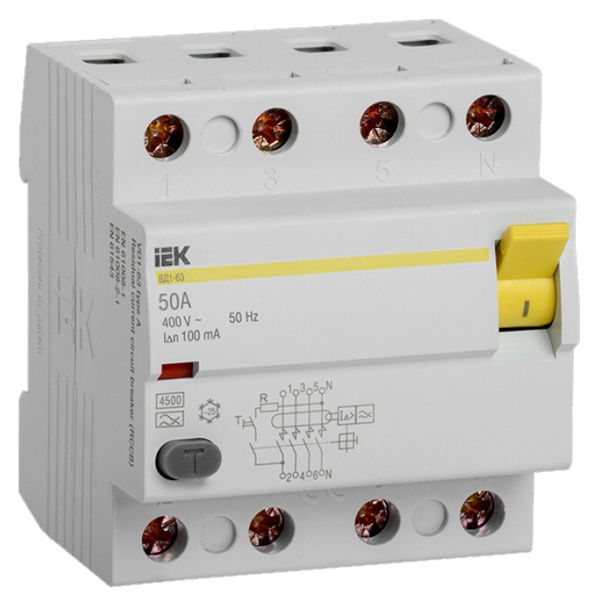 УЗО ИЭК ВД1-63 4Р 50А 100мА тип А (ВДТ)