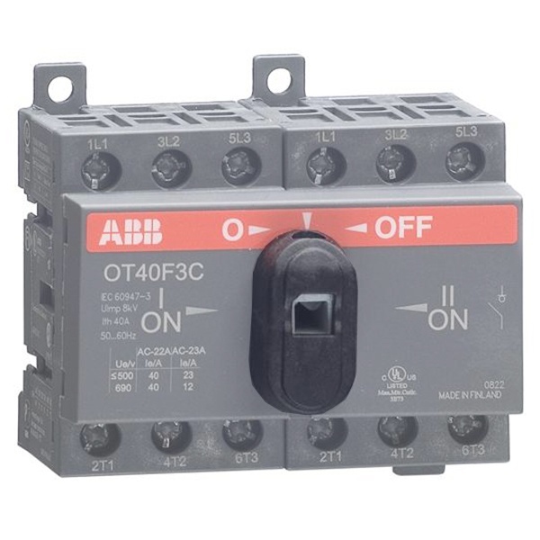 Реверсивный рубильник OT40F3C до 40A 3х полюсный для установки на DIN-рейку или плату (c ручкой) (выключатель нагрузки)