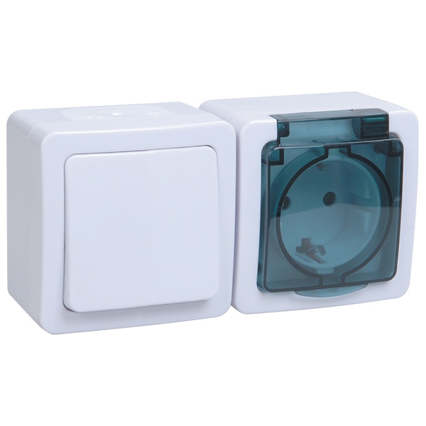 Выключатель 1-клавишный+розетка 2П+3 ИЭК Гермес Plus БГб-22-31-ГПБд IP54 белый