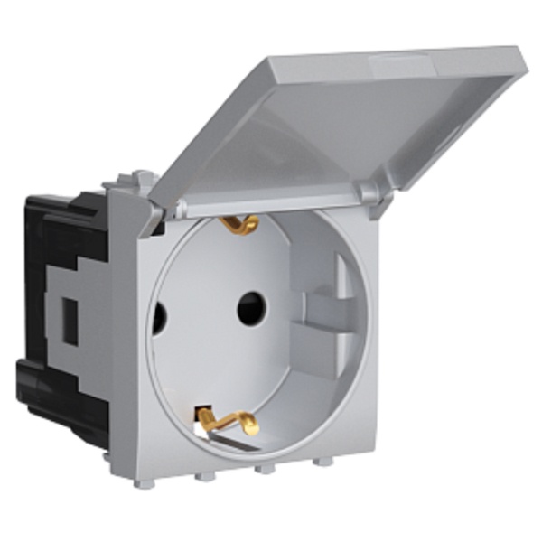 Розетка с крышкой модульная DKC Avanti 2P+E со шторками закаленная сталь