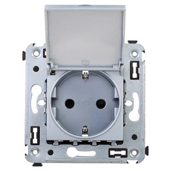 Розетка с крышкой в стену DKC Avanti 2P+E со шторками закаленная сталь