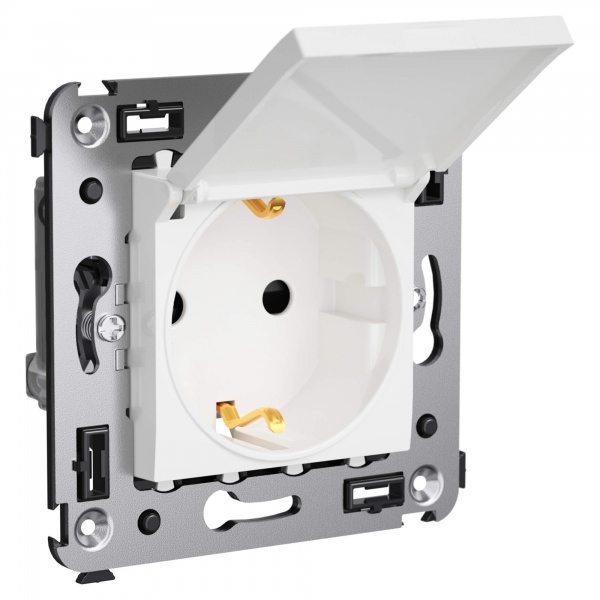 Розетка с крышкой в стену DKC Avanti 2P+E со шторками белое облако