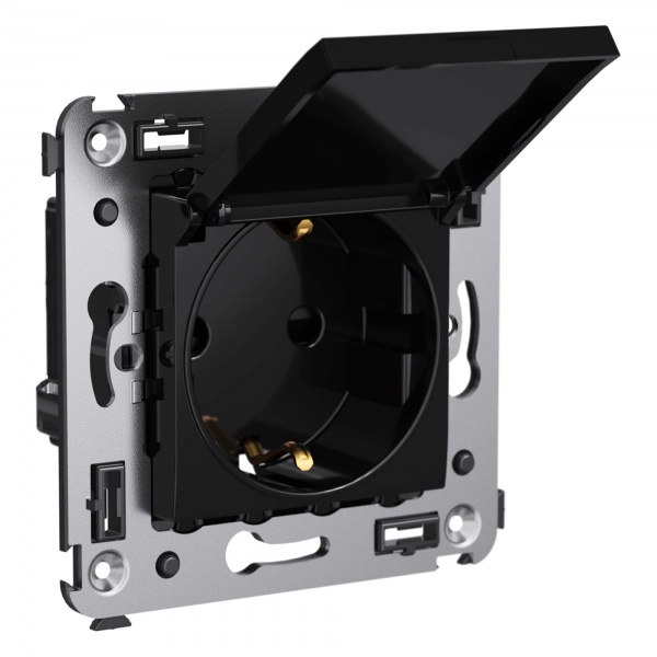 Розетка с крышкой в стену DKC Avanti 2P+E со шторками черный квадрат