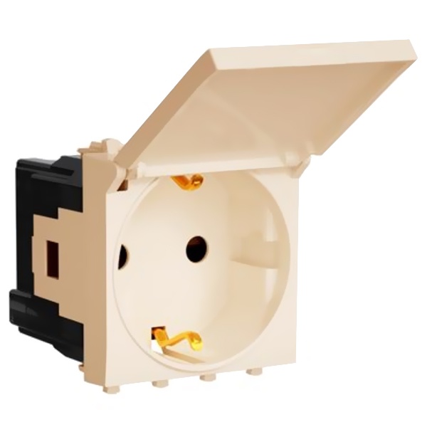 Розетка с крышкой модульная DKC Avanti 2P+E со шторками ванильная дымка