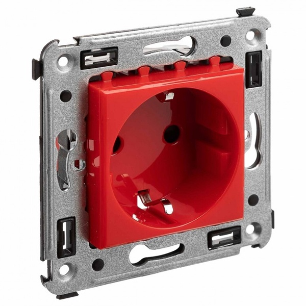 Розетка в стену, 2P+E, с з/ш, Avanti, Красный квадрат