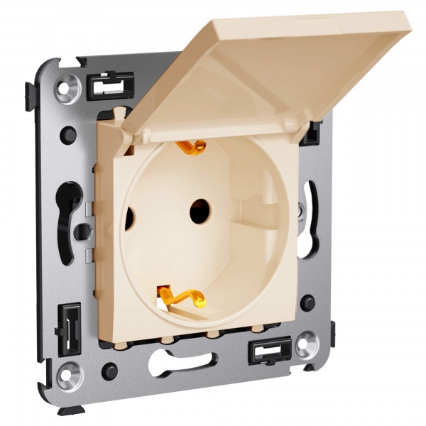 Розетка с крышкой в стену DKC Avanti 2P+E со шторками ванильная дымка