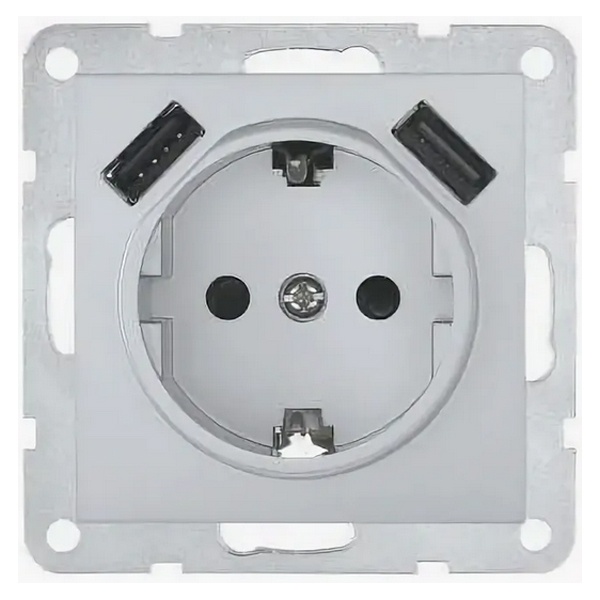 Розетка с заземляющим контактом Экопласт + 2хUSB разъем, 2А LK60, серебристый металлик
