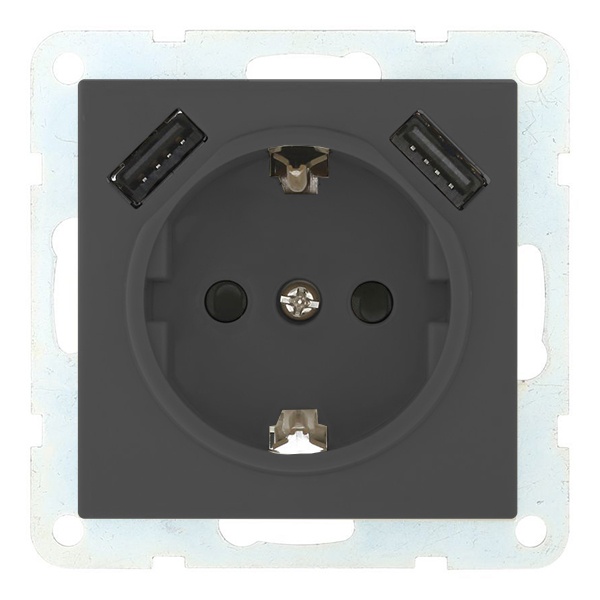 Розетка с заземляющим контактом Экопласт + 2хUSB разъем, 2А LK60, черный бархат