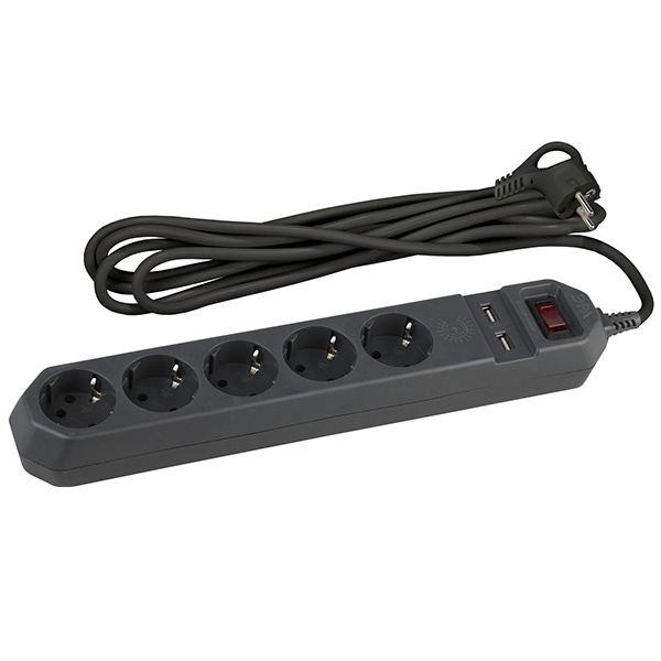 Сетевой фильтр ЭРА 5 розеток+2USB, кабель 1,5 метра, черный USF-5es-1.5m-USB-B
