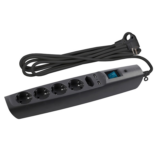 Сетевой фильтр ЭРА 5 розеток+2USB, кабель 2 метра, черный SFU-5es-2m-B