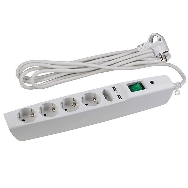Сетевой фильтр ЭРА 5 розеток+2USB, кабель 2 метра, белый SFU-5es-2m-W