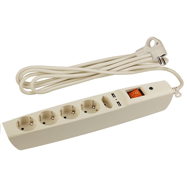Сетевой фильтр ЭРА 5 розеток+2USB, кабель 2 метра, слоновая кость SFU-5es-2m-I (бежевый)