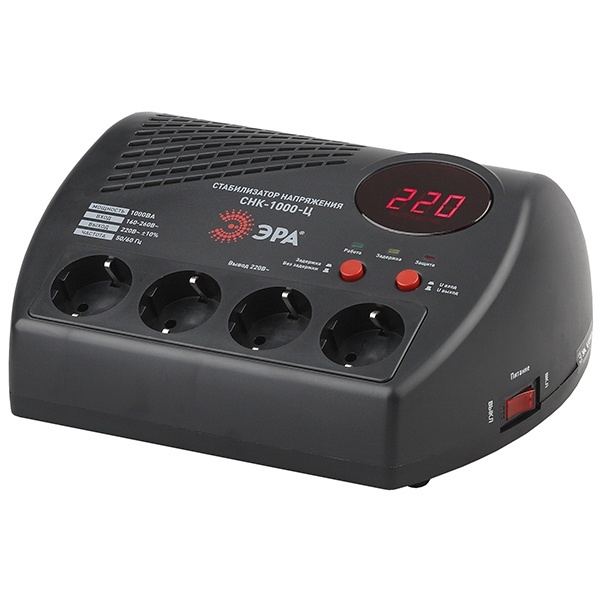 Стабилизатор напряжения ЭРА СНК-1000-Ц 160-260В, 1000ВА, 4 розетки, цифровой дисплей