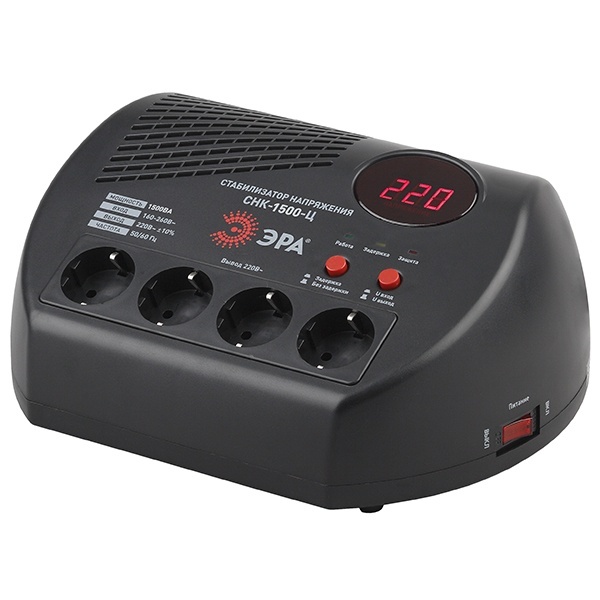 Стабилизатор напряжения ЭРА СНК-1500-Ц 160-260В, 1500ВА, 4 розетки, цифровой дисплей