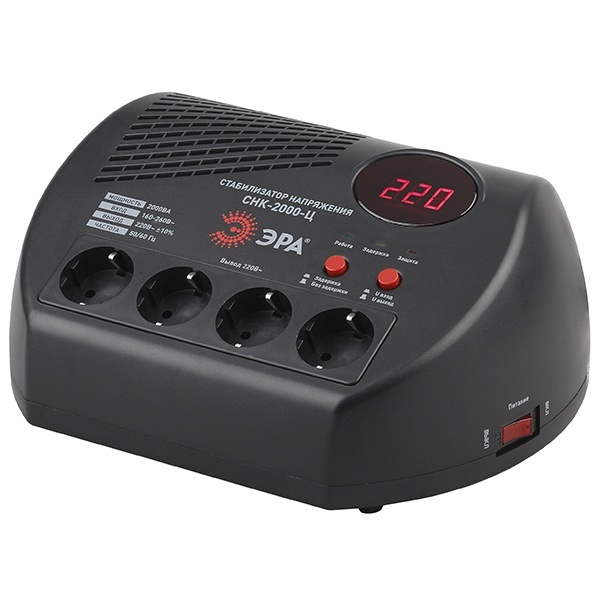 Стабилизатор напряжения ЭРА СНК-2000-Ц 160-260В, 2000ВА, 4 розетки, цифровой дисплей