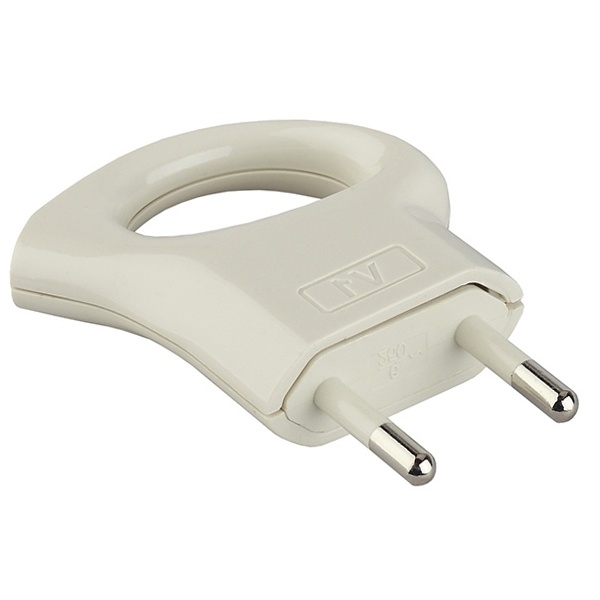 Вилка без заземления ЭРА V1 2P 6А угловая с кольцом белая