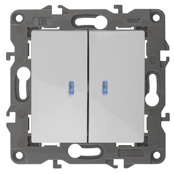 Выключатель двойной с подсветкой ЭРА 10АХ-250В IP20 Elegance белый 14-1105-01