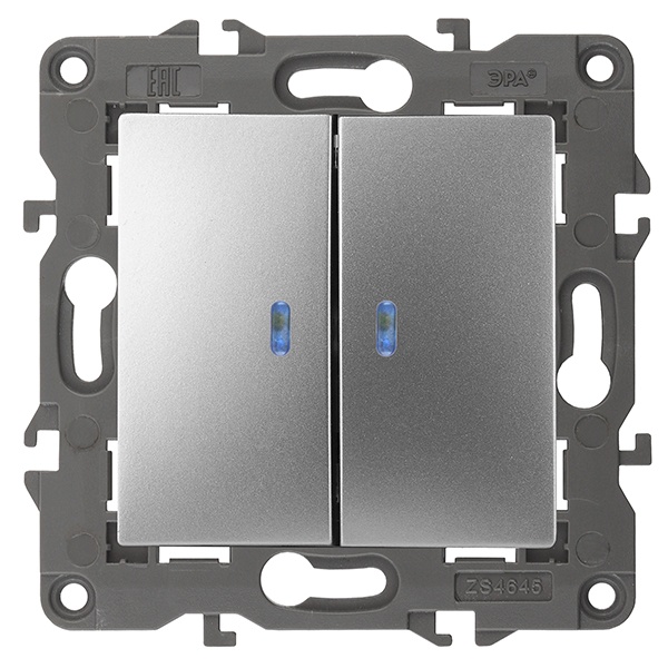 Выключатель двойной с подсветкой ЭРА 10АХ-250В IP20 Elegance алюминий 14-1105-03