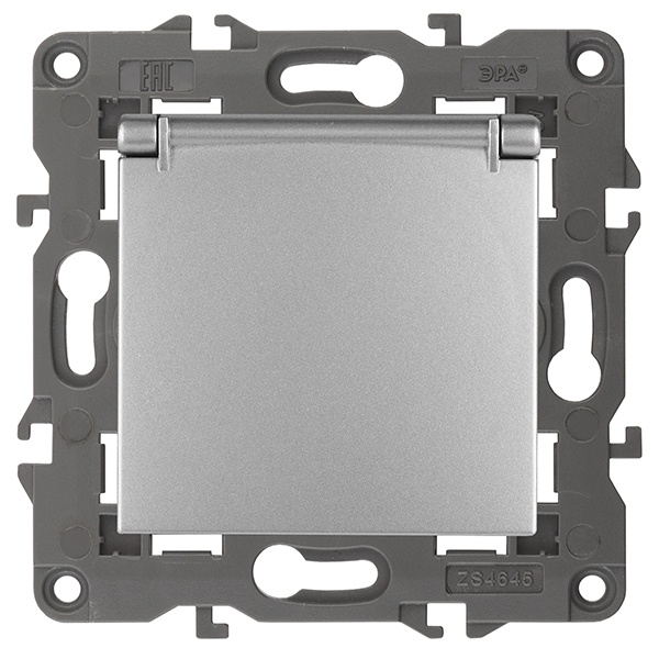 Розетка ЭРА 2P+E Schuko со шторками с крышкой 16A-250В IP20 Elega алюминий 14-2103-03