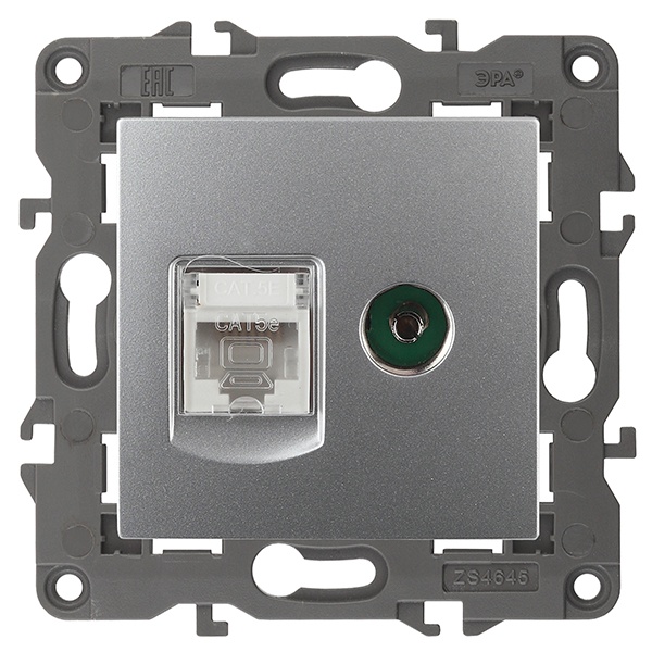 Розетка ЭРА RJ45 кат.5е+TV IP20 Elegance алюминий 14-3110-03